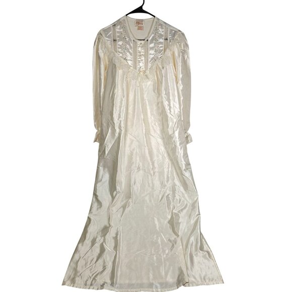 Vintage Ilise Stevens Long Nightgown Size M Lace Collar Embroidered Silky Satin - Picture 1 of 7